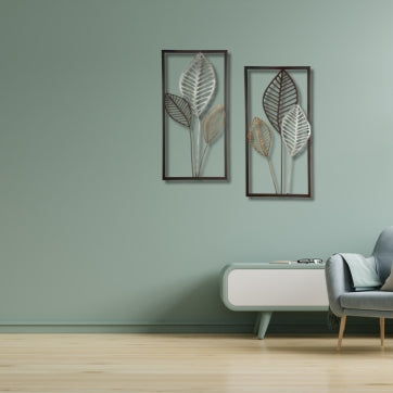Anasay Metal Leaf Wall Relief – 2-Piece Nature-Inspired Wall Art with Gold, Silver & Brown Accents