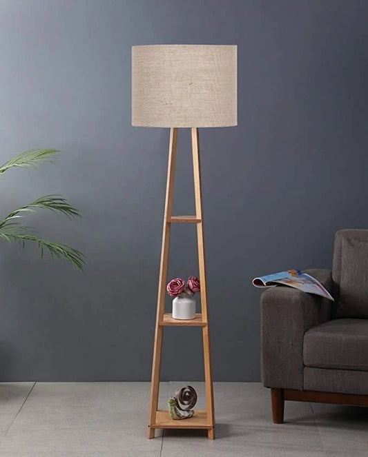 Teak Wood Floor Lamp with Storage Shelf