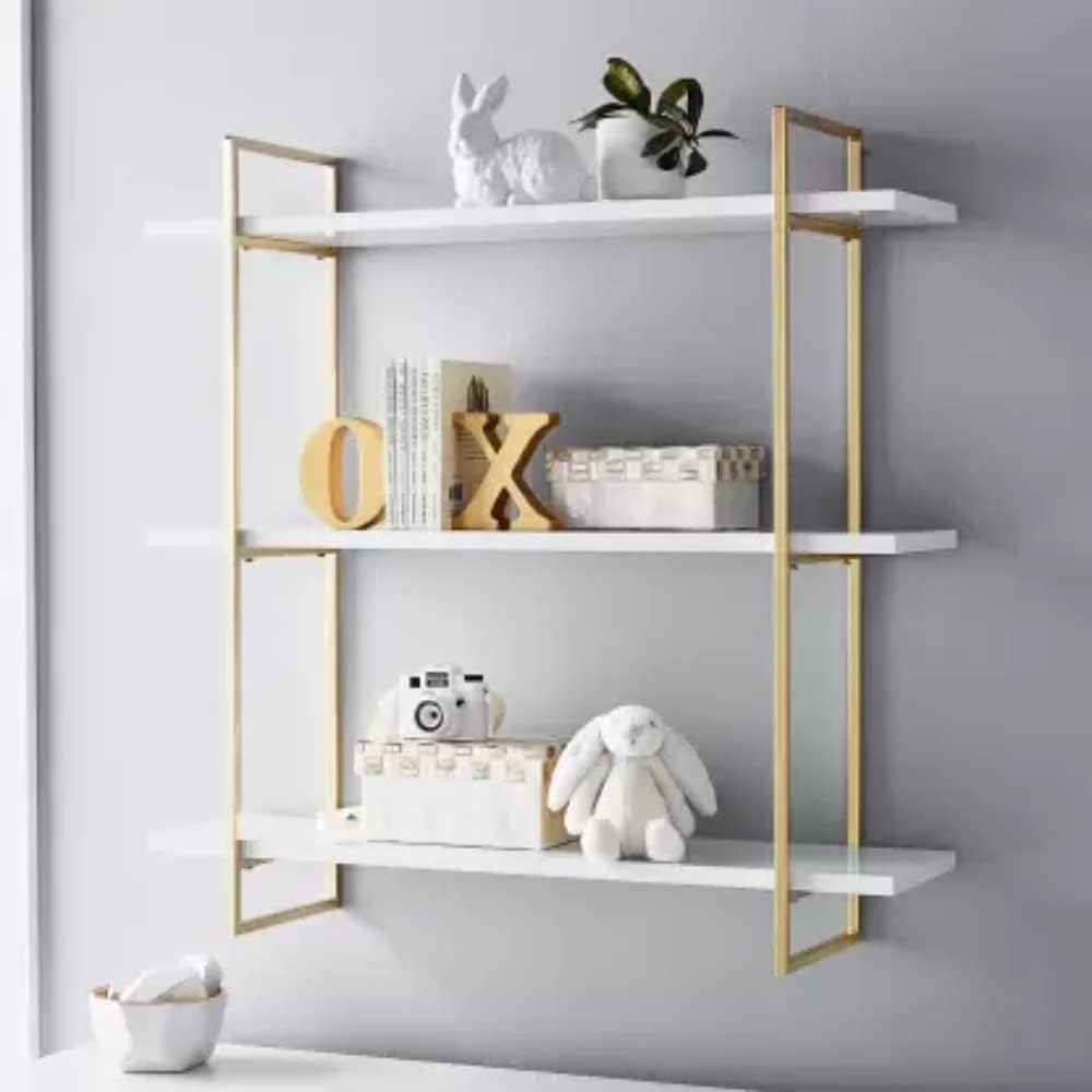 Anasay Three Tier Metal Shelves Wall Shelves, Wall Mounted for Bedroom, Living Room, Bathroom (Gold White)