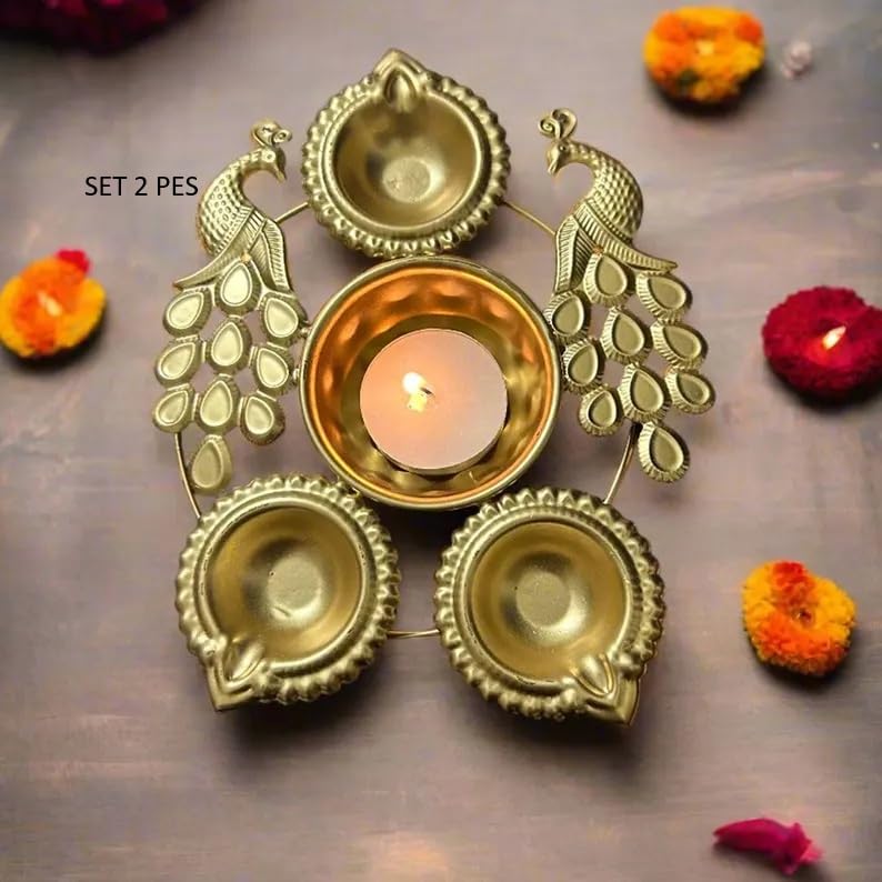 ANASAY Decorative Brass Diya Set with Peacock Design, 4 Diyas with Tea Light Candle Holder, Traditional Festival Decor