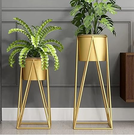 tall gold plant stand indoor Modern Metal Floor Flower Stands Stand with Planter Set of-2 (Golden)