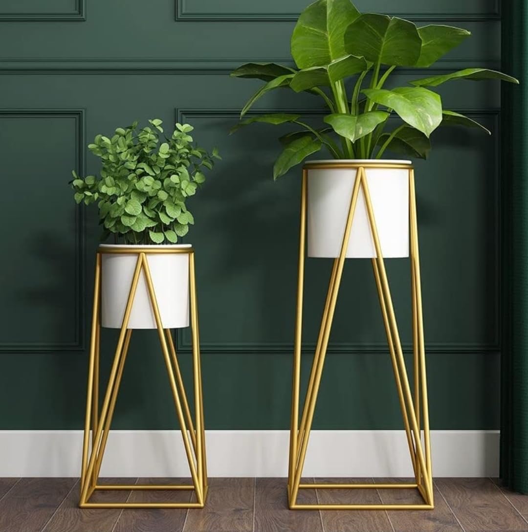 metal plant pots indoor Modern Metal Floor Flower Stands Stand with Planter Set of-2 (White)