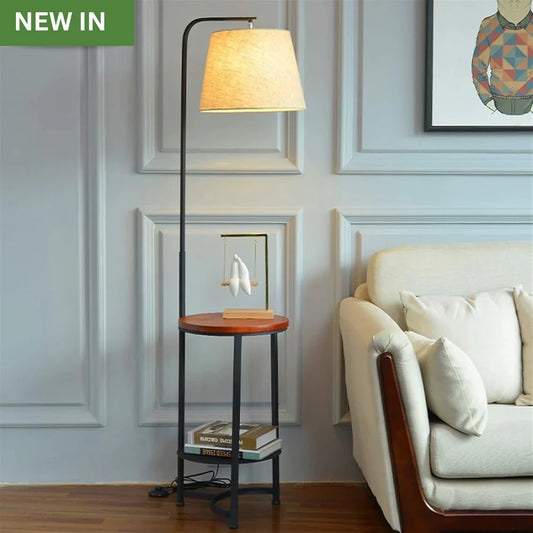 End Table with Lamp, Home Iron Floor Lamp, Floor Lamp with Storage Shelves