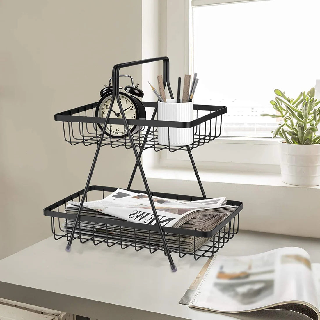 Plantex High Grade Steel 2-Tier Fruit & Vegetable Basket, Countertop Tiered Shelf For Dining Table/Kitchen (Black)