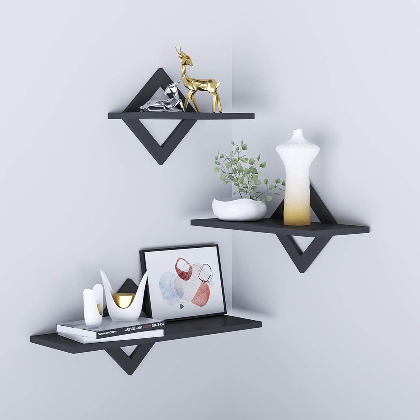 Anasay Wall Display Wood Wall Rack Shelf for Storage Display Room Decoration (Black) Set Of 3