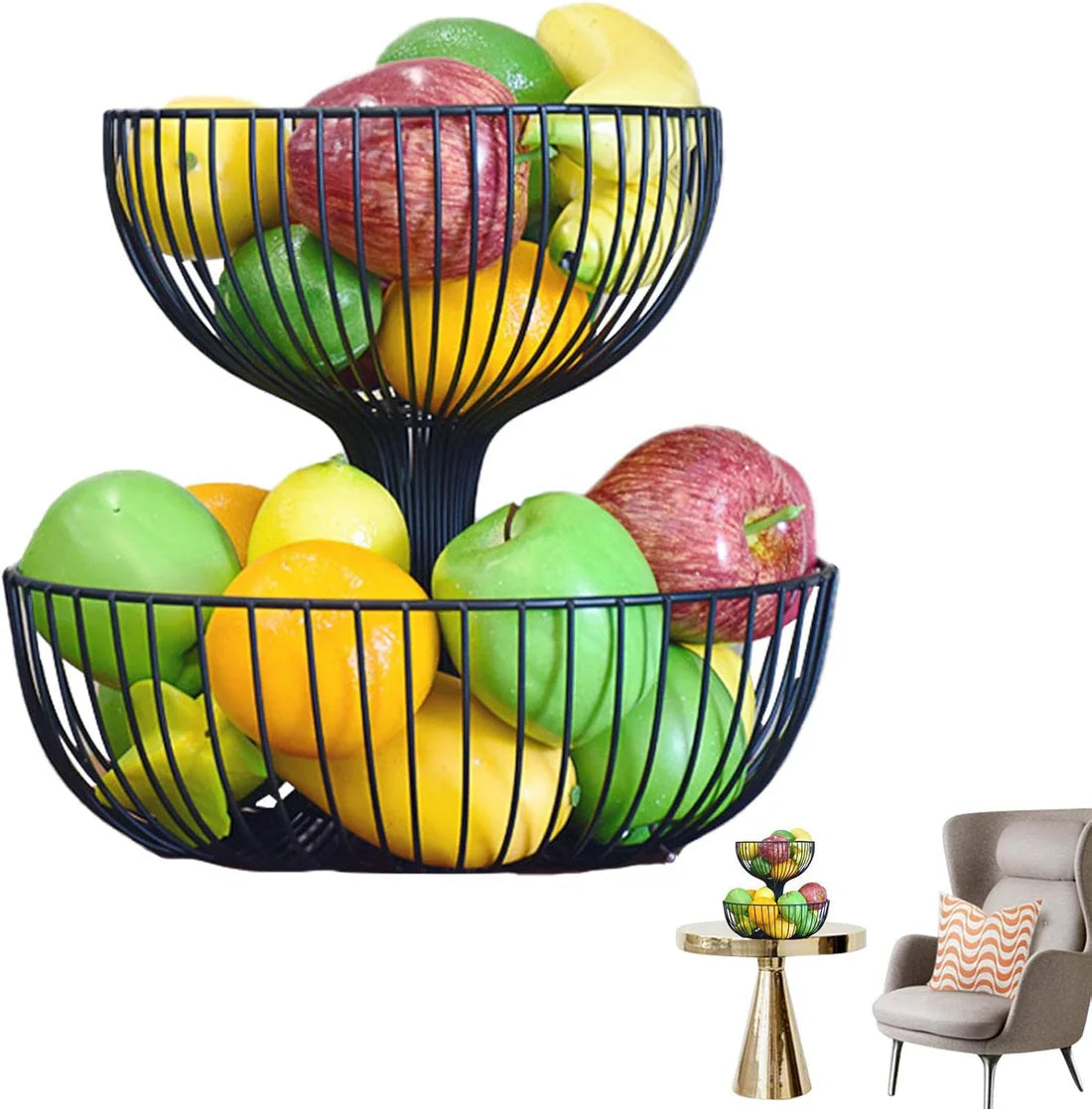 2 Tier Fruit Bowl | Countertop Fruit Storage Baskets - Double Layer Fruit & Vegetables Baskets for Storage