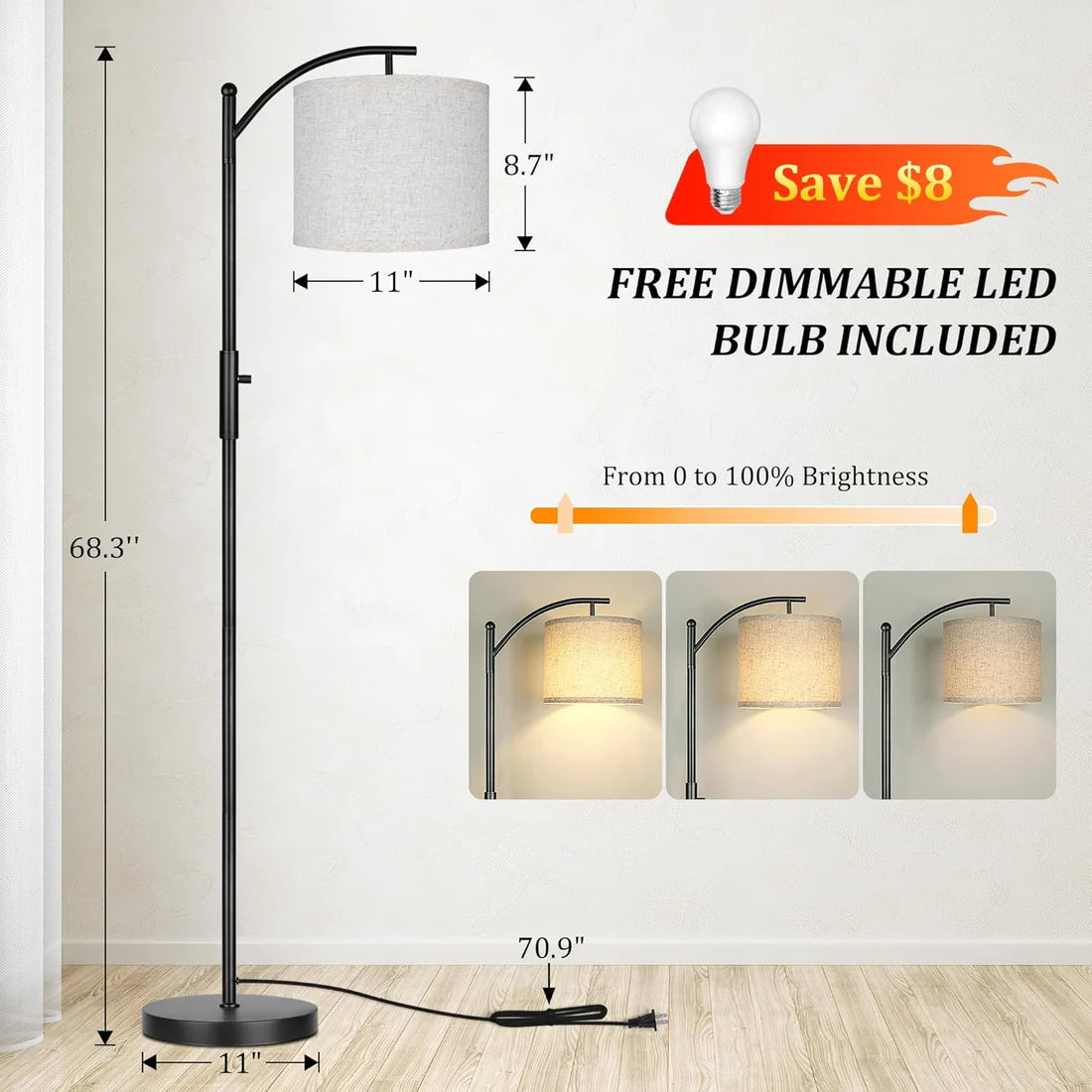 Dimmable Floor Lamp, Arc Floor Lamps for Living Room, Stepless Dimming Modern