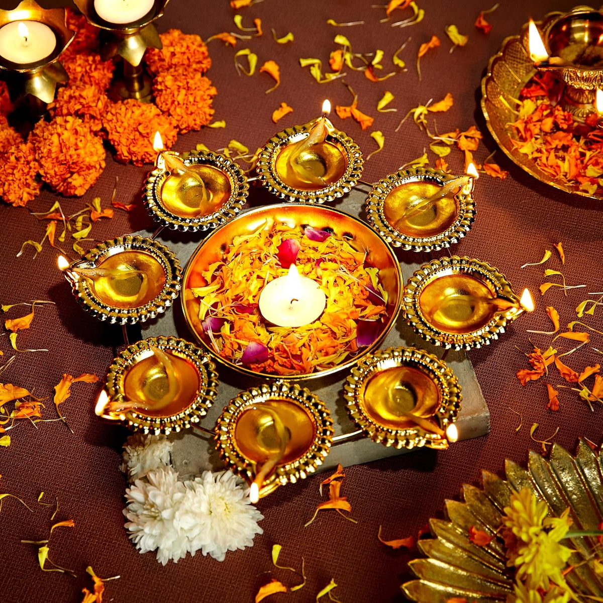 Anasay Diya Urli Iron Flower Decorative Urli for Home | Handcrafted | Golden