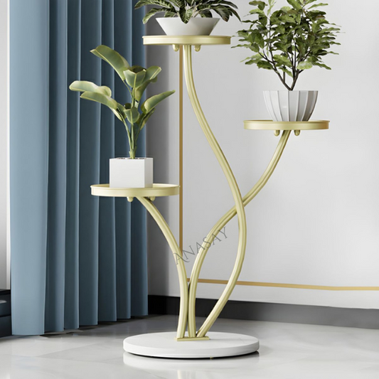 Elegant Round Metal Plant Stand with 3 Shelves and Stone Base