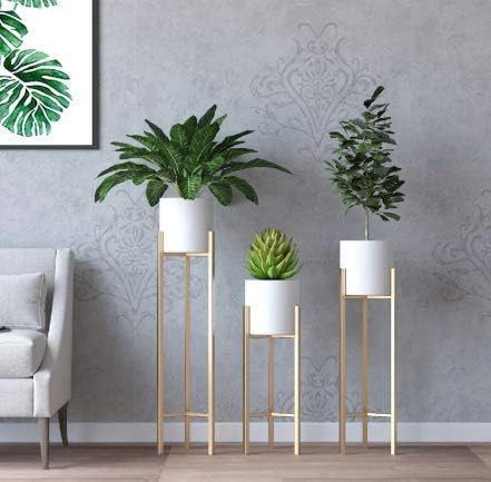 indoor plant stand india Modern Metal Floor Flower Stands Stand with Planter Set of-3 (white) – Anasay