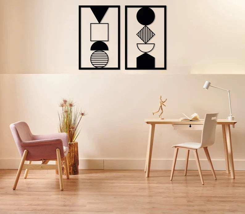 Anasay Modern Metal Wall Art – Set of 2 Geometric Abstract Line Designs for Home & Office