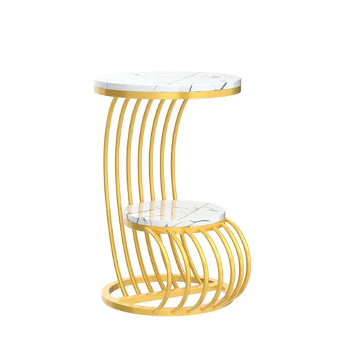 Anasay Premium Golden Metal Side Wooden Top Table with Marble Finishing