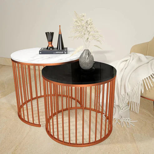 Anasay Black & White Marble-Finish Wooden Top Nesting Table (Set of 2)