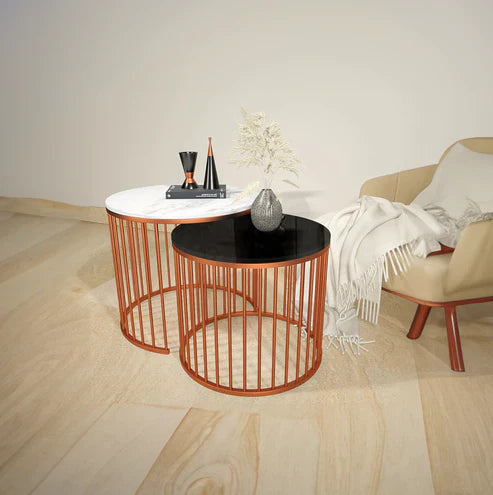 Anasay Black & White Marble-Finish Wooden Top Nesting Table (Set of 2)