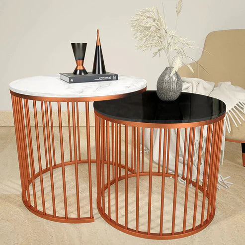 Anasay Black & White Marble-Finish Wooden Top Nesting Table (Set of 2)