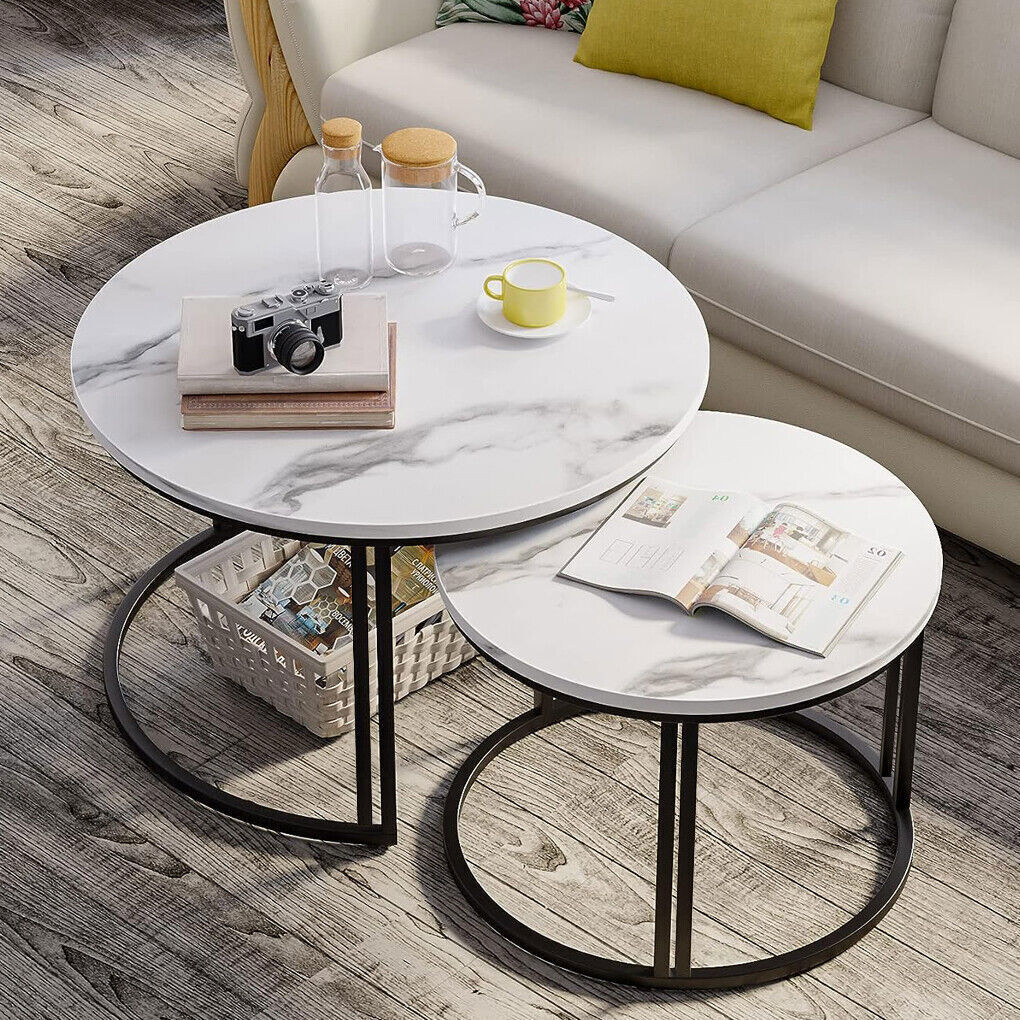 Black Nesting Marble Finish Wooden Top Tables Set Of 2