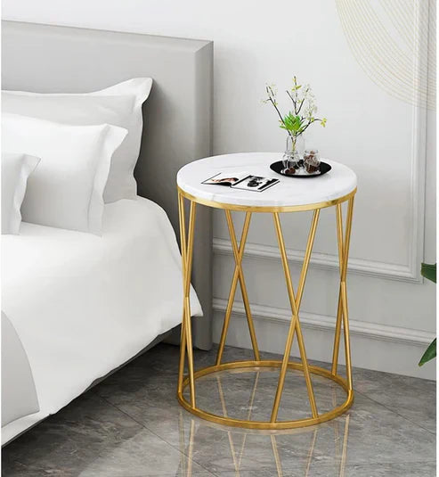 Anasay Designer Golden Marble-Finish Wooden Top Round Side Table