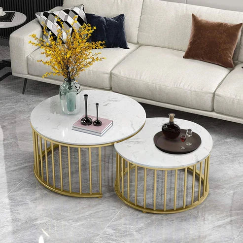 Premium Golden Caged with White Marble Finish wooden Top Table Set of 2
