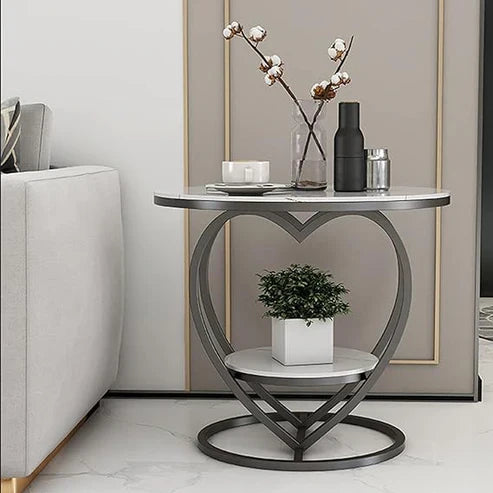 Anasay Premium Modern Heart Shaped Side Table with White Marble Finishing Wooden Top & Black Metal Frame