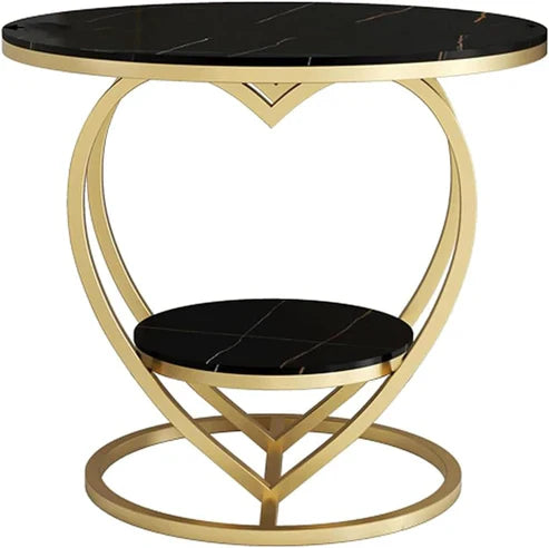 Anasay Premium Modern Heart Shaped Side Table with Black Marble Finishing Wooden Top & Golden Metal Frame
