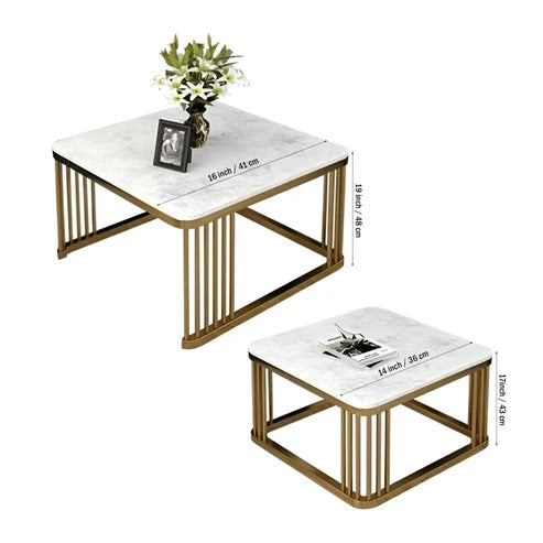 Square Tethered Metallic Marble Finish Wooden Top Table Set of 2