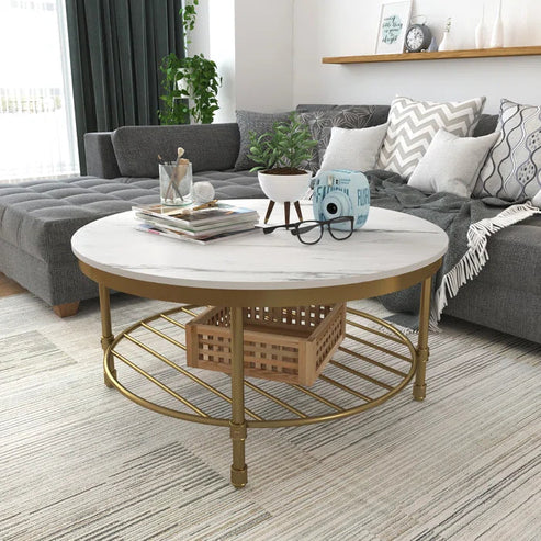 Anasay Two-Tier Round Coffee Table with White Marble Finishing Wooden Tops