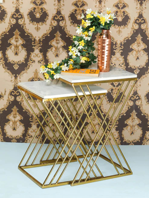 Anasay White Marble Finishing Wooden Top with Golden Iron Stand Side Coffee Table Set of 2