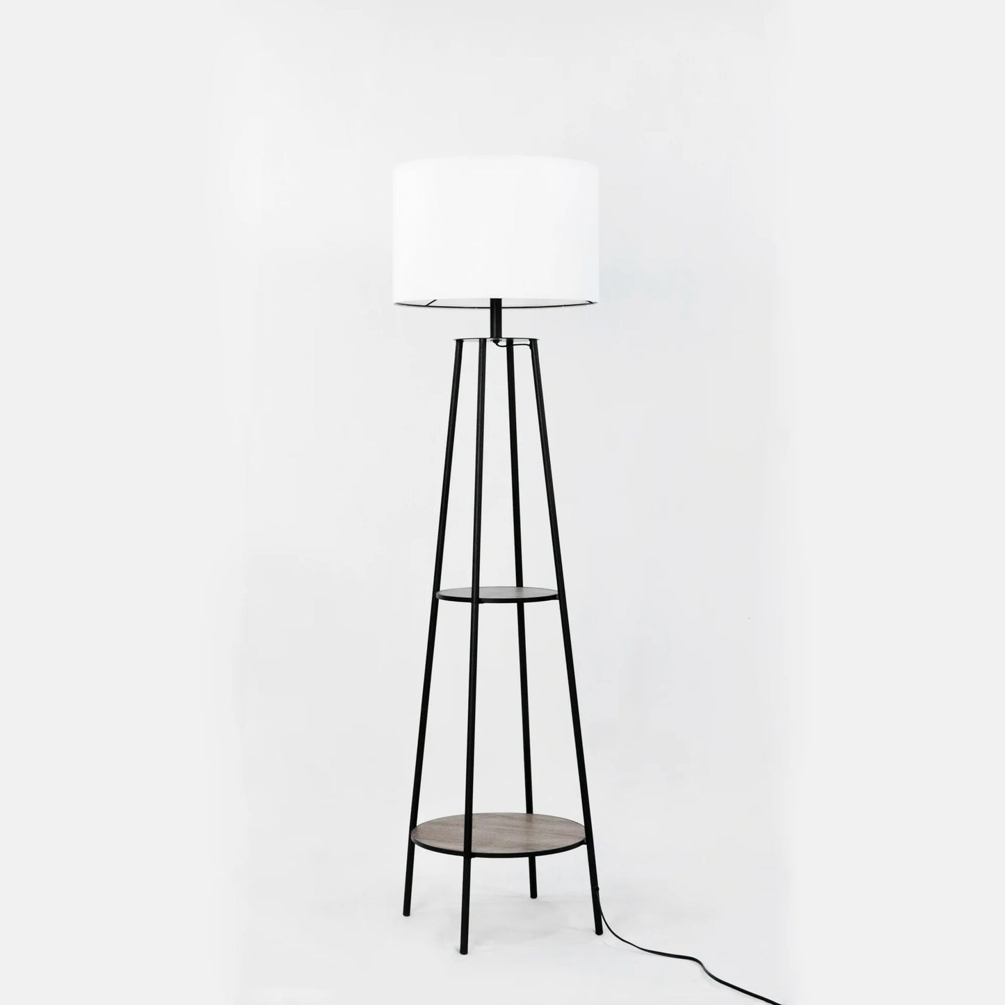 Anasay Mid-Century Matte Black Floor Lamp with Wooden Shelves