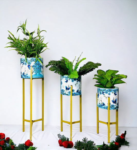 Modern Metal Floor Flower Stands Planter Stand with Planter Pot -Set of 3 Enamel)