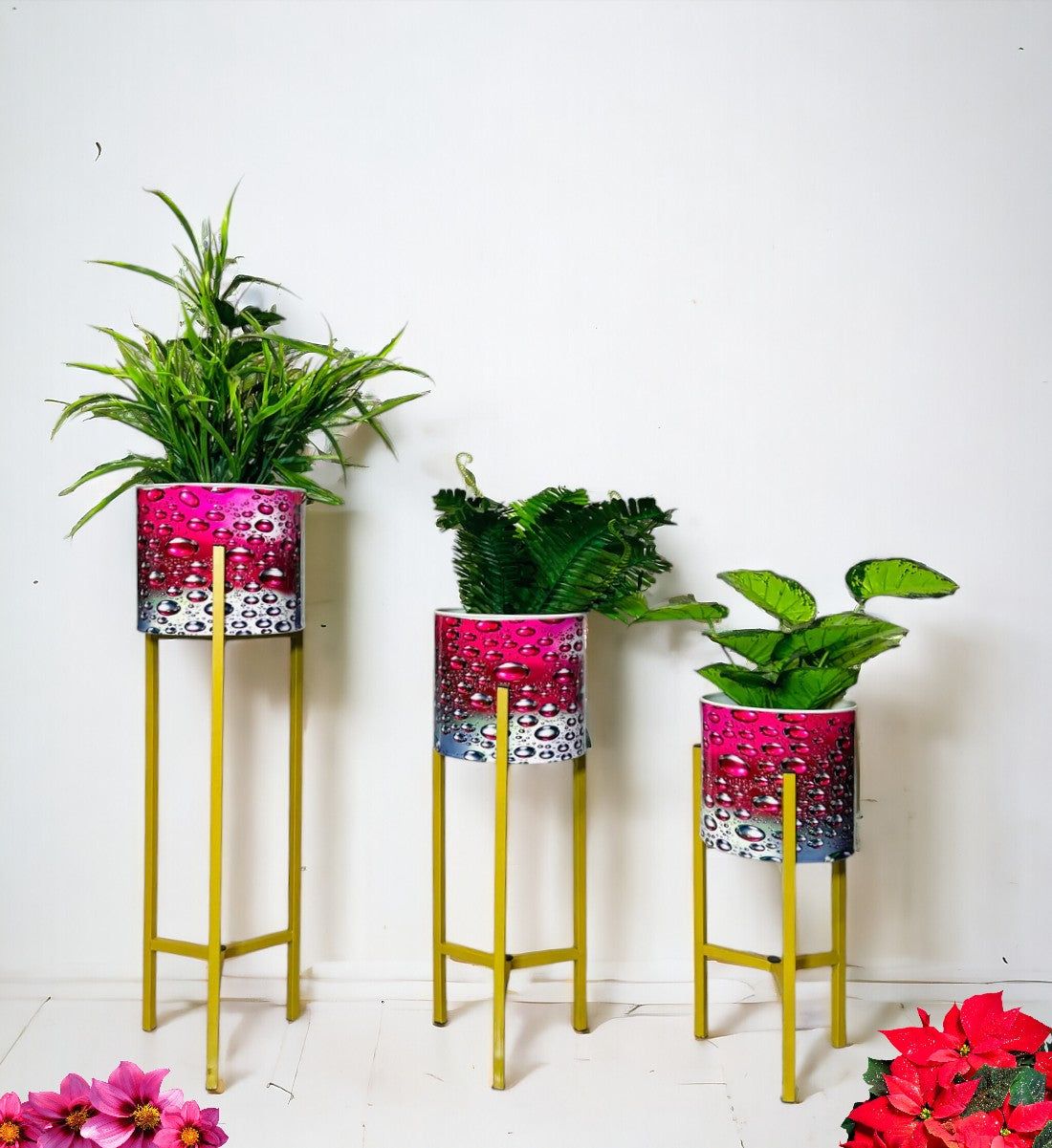 Modern Metal Floor Flower Stands Planter Stand with Planter Pot -Set of 3 Enamel) 04