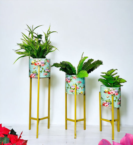 Modern Metal Floor Flower Stands Planter Stand with Planter Pot -Set of 3 Enamel) 02