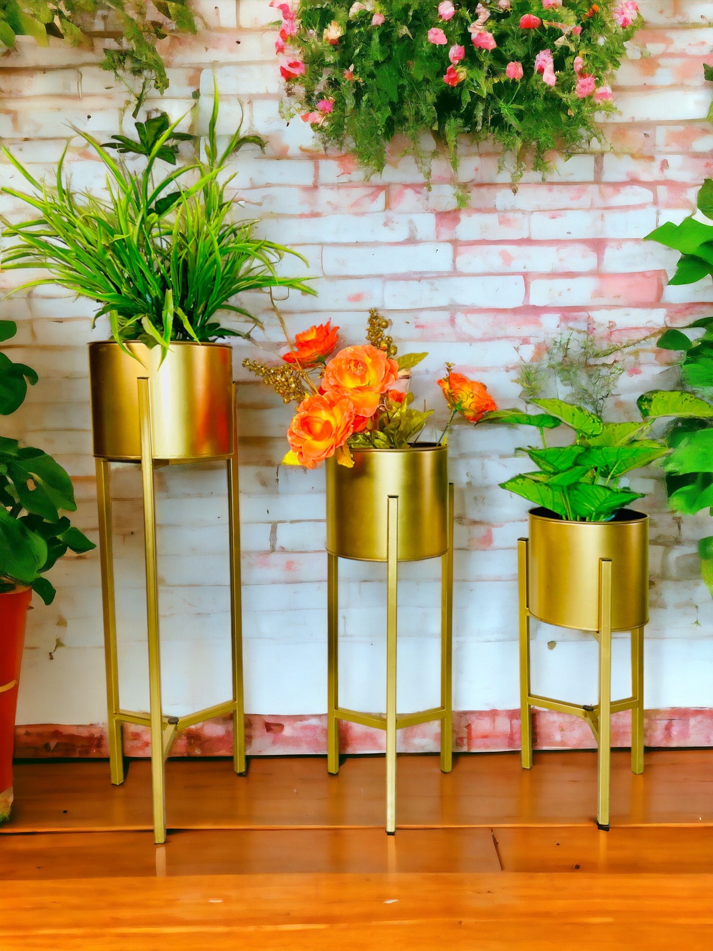 Modern Metal Floor Flower Stands Planter Stand with Planter Pot -Set of 3 Golden)