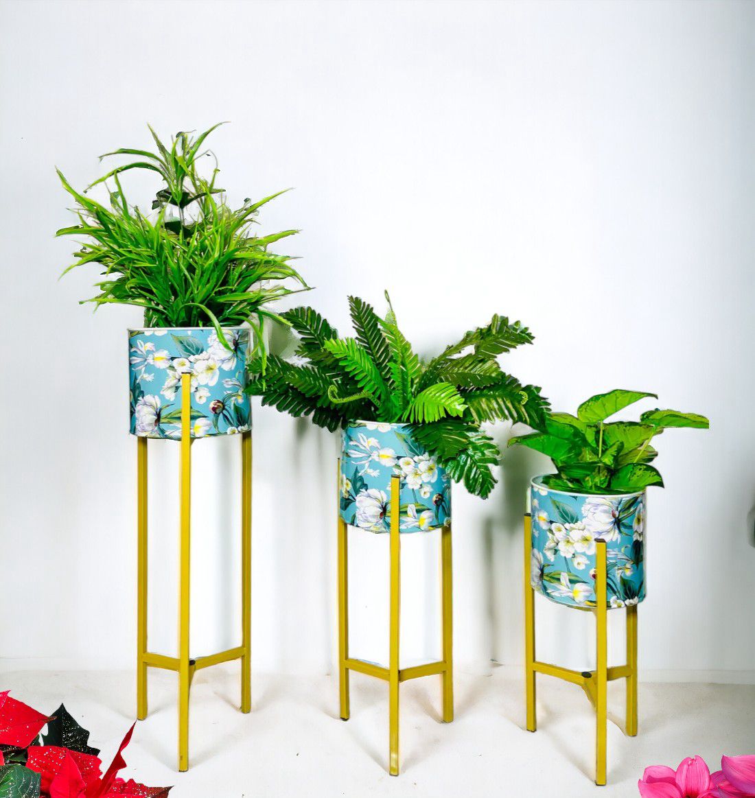 Modern Metal Floor Flower Stands Planter Stand with Planter Pot -Set of 3 Enamel) 05