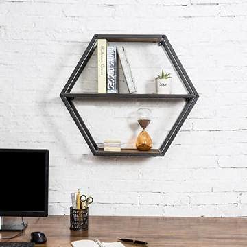 Anasay Hexagon Wood & Black Metal Floating Shelves