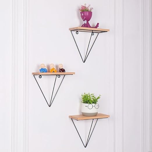 Anasay Modern Floating Wall Shelf with Metal Triangle Bracket, 8 x 8 inches, Wood and Black Metal (Black)