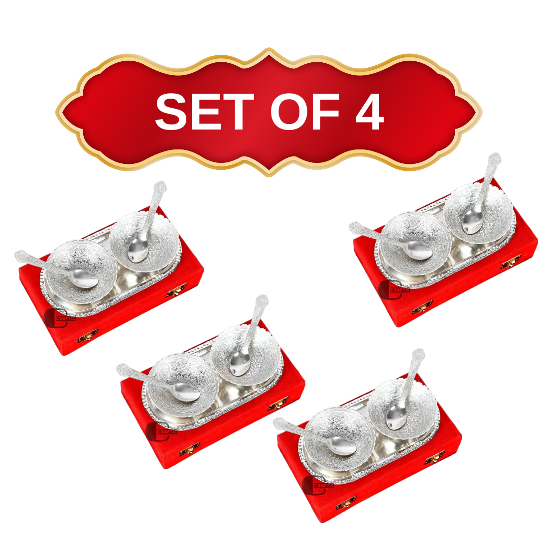 Premium Anasay Handcrafted German Silver Brass Round Bowl Set with Tray