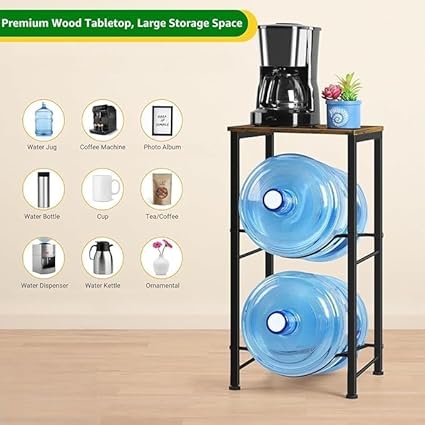Anasay Water Bottle Storage Rack, 2-Tier Metal Stand with Wood Top, Holds Two 20L Bottles, Black