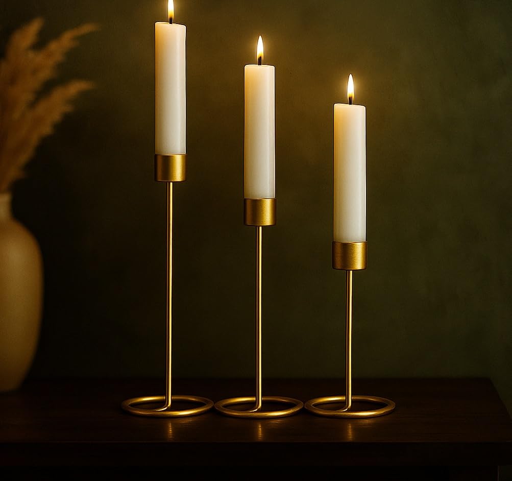“Anasay Modern Gold Candlestick Holders Set of 3 – Metal Taper Holders with White Candles Included”