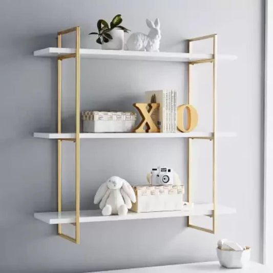 Anasay Three Tier Metal Shelves Wall Shelves, Wall Mounted for Bedroom, Living Room, Bathroom (Gold White)