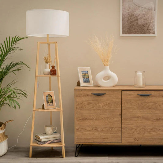 Wooden Floor Lamp with 3 Storage Shelves – Modern Décor