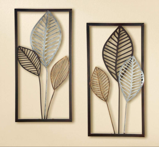 Anasay Metal Leaf Wall Relief – 2-Piece Nature-Inspired Wall Art with Gold, Silver & Brown Accents