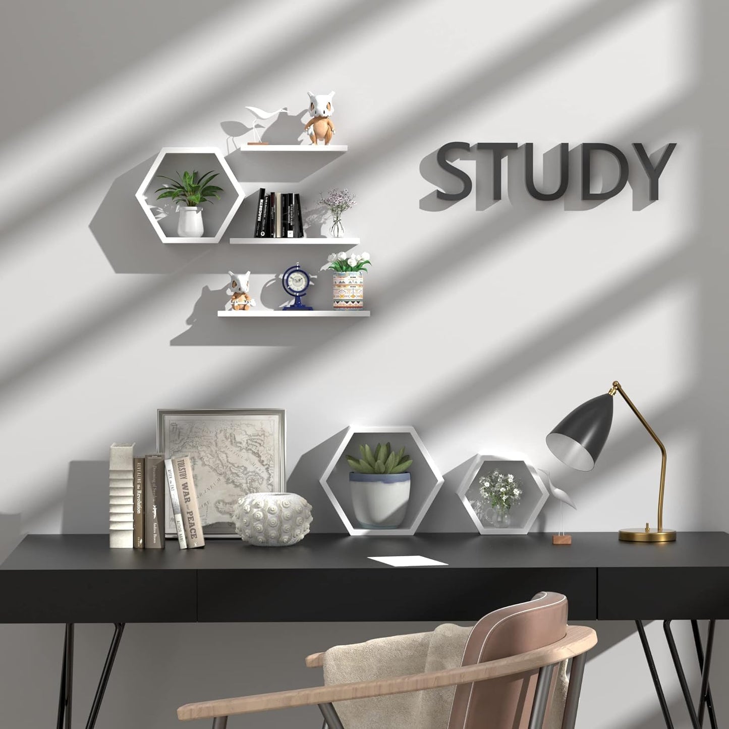 Anasay Floating Wall Shelves for Living Room Wall Mounted Set of 6 Hexagon Shelves for Photos Plants and Wall Decor Wall Shelves for Bedroom White