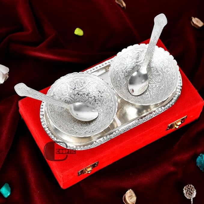 Premium Anasay Handcrafted German Silver Brass Round Bowl Set with Tray
