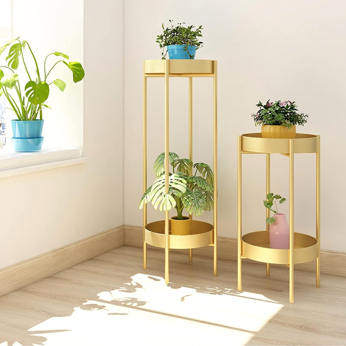 Modern Metal Floor Flower Stands Stand with Planter Set of-2 (Golden)