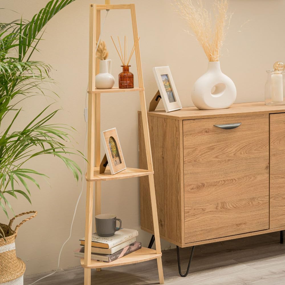 Wooden Floor Lamp with 3 Storage Shelves – Modern Décor