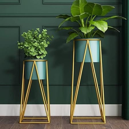 Modern Metal Floor Flower Stands Stand with Planter Set of-2 (Green)