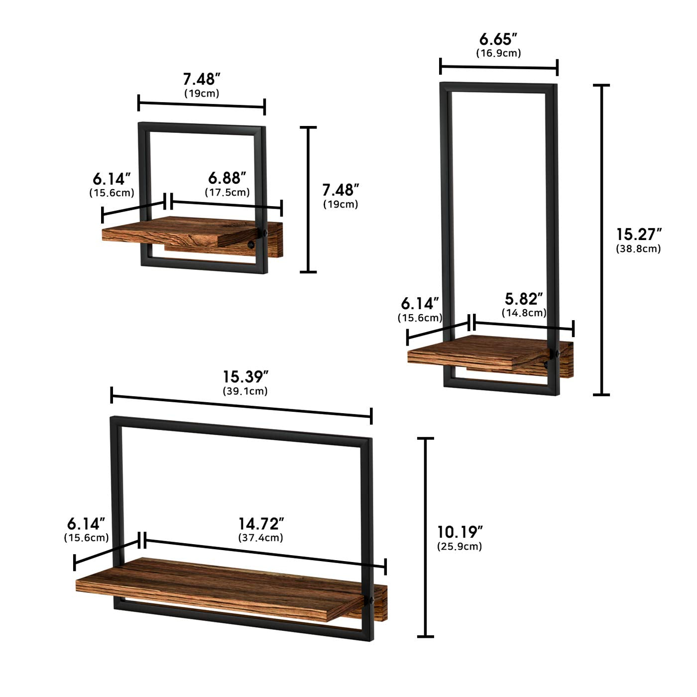 Anasay Metal Frame Rustic Wooden Floating Hanging Set of 3