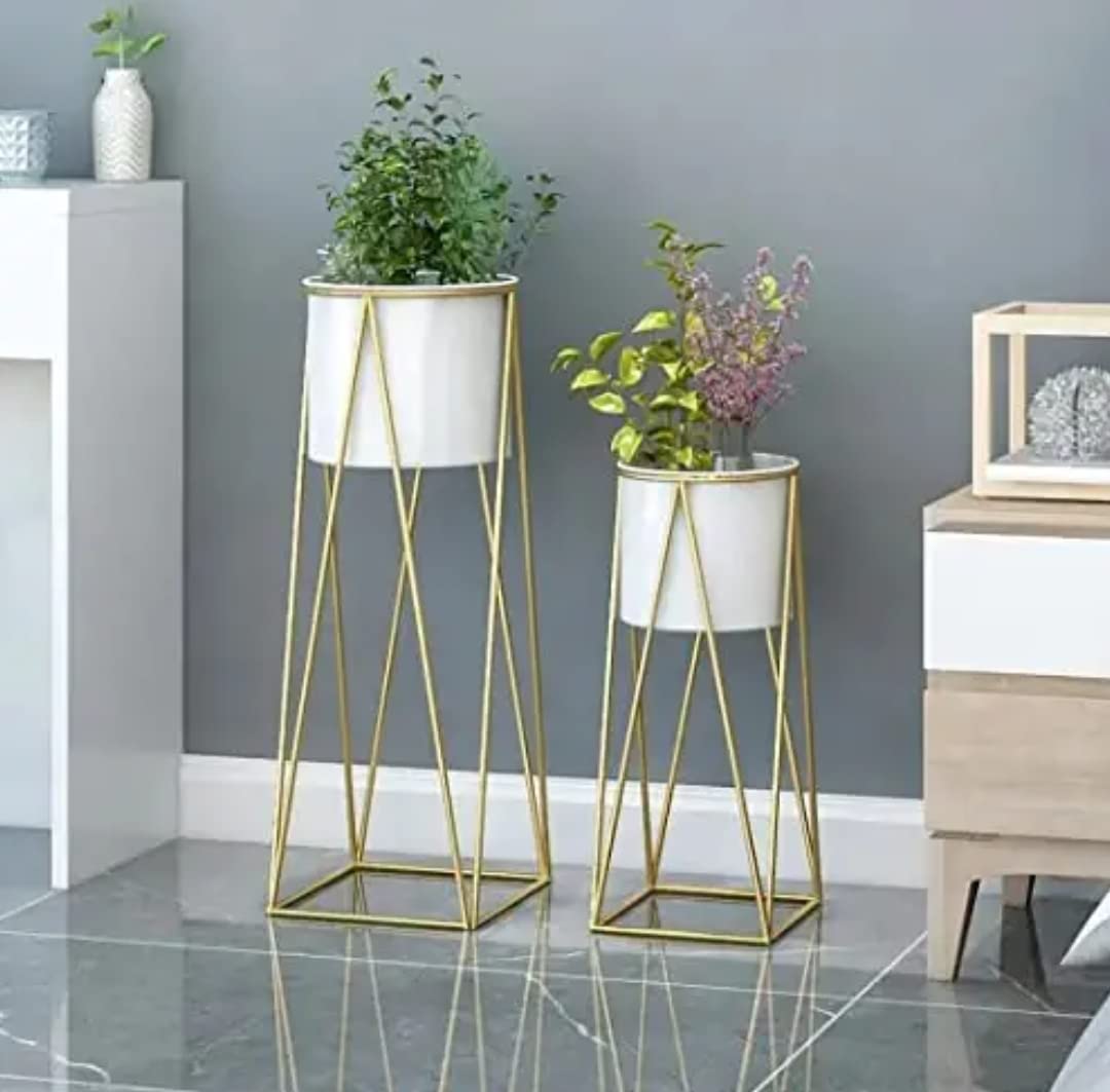 Modern Metal Floor Flower Stands Stand with Planter Set of-2 (White)