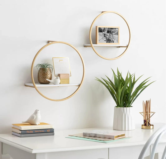 Anasay Round Shaped Wall Mount Shelf Made of Iron and Plywood Set of Two Shelf