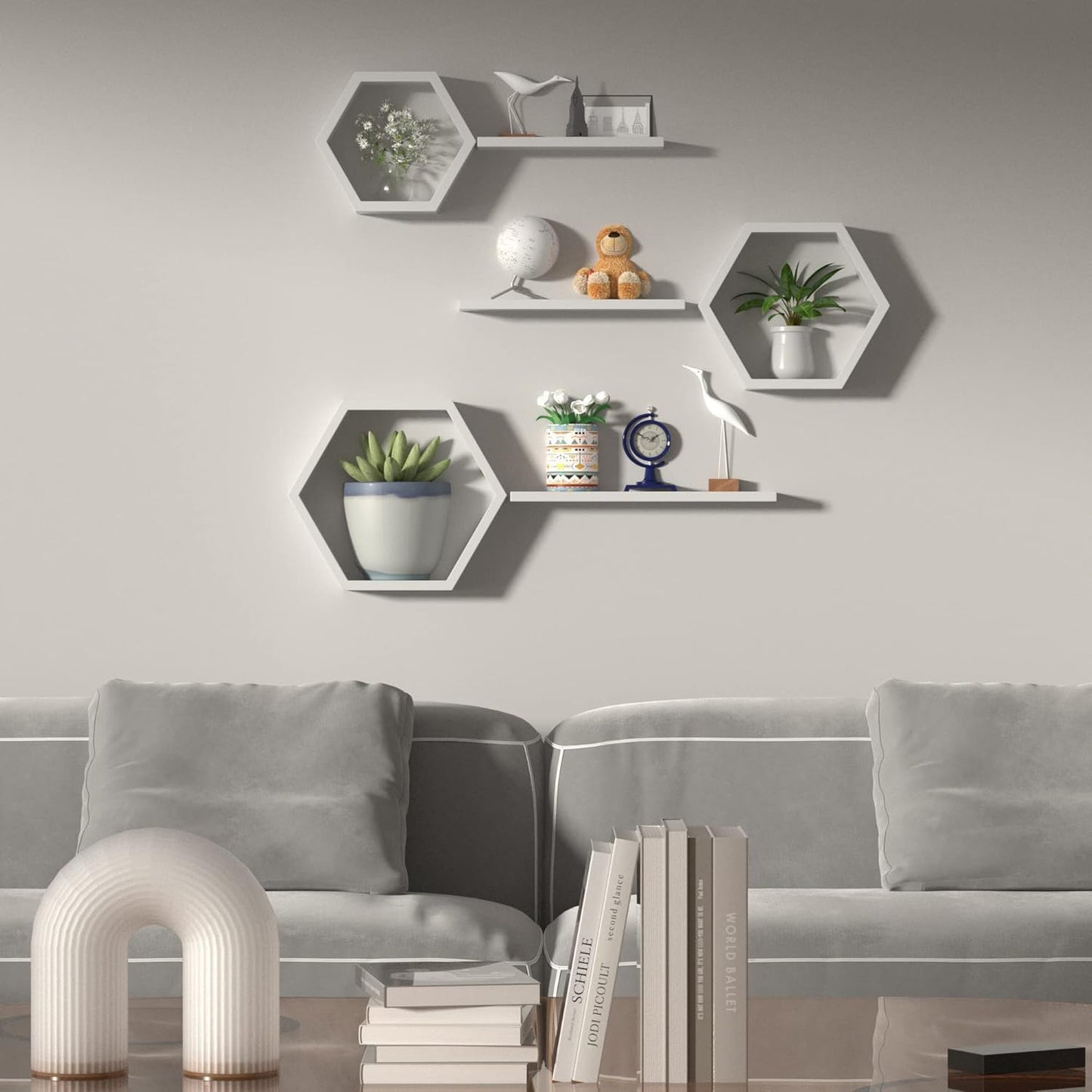 Anasay Floating Wall Shelves for Living Room Wall Mounted Set of 6 Hexagon Shelves for Photos Plants and Wall Decor Wall Shelves for Bedroom White